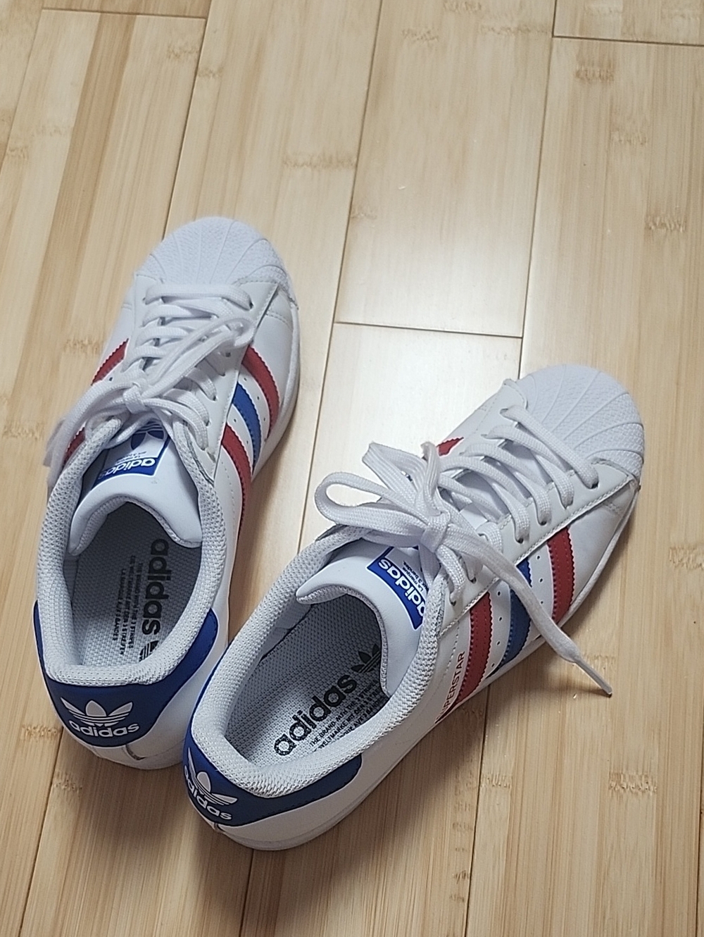 adidas SUPERSTAR White Sneakers with Red & Blue 3-Stripes